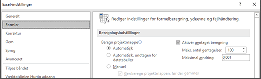 Skærmbillede af indstillingerne for gentaget beregning