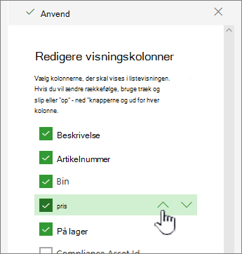 Brug pil op eller pil ned, eller træk og slip kolonneplacering