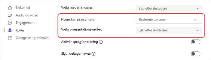 Skærmbillede, der viser, hvordan du vælger præsentationsværter i et Teams-møde.