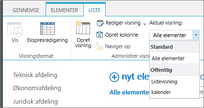 Rulleliste med aktuelle listevisninger