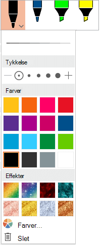 Indstillinger for farve og tykkelse af en pen i galleriet Office-penne på fanen Tegn