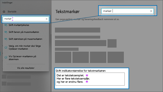 Indstillingssiden for tekstmarkør