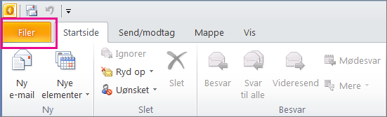 Vælg fanen Filer i Outlook 2010.