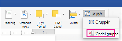 Hvis du vil ophæve en gruppering, skal du klikke på Opdel gruppe under fanen Figurformat eller fanen Billedformat.