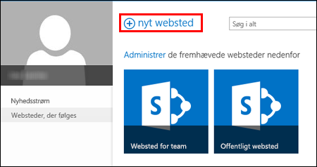 Siden med websteder i SharePoint Online, der viser knappen Nyt websted