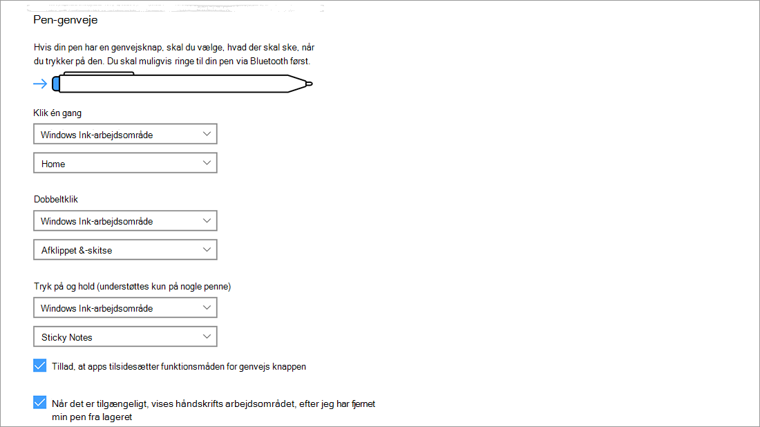 Indstillinger for pennegenveje i Start > Indstillinger > Enheder > Pen og Windows Ink.