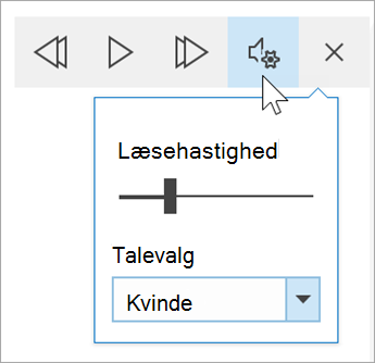 skærmbillede af værktøjslinjen indstillinger for forenklet læsers stemme. Musen holdes over indstillinger og viser en til/fra-knap til læsehastighed og rulleliste til stemmevalg