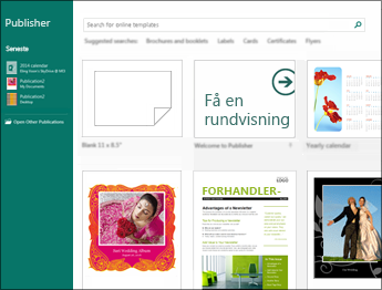 Skærmbillede af skabeloner på startskærmbilledet i Publisher.