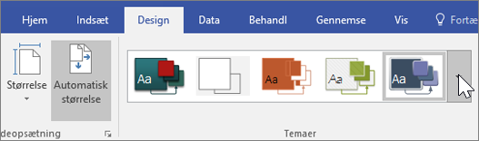 Skærmbillede af indstillingerne til Design > Tema-værktøjslinjen.