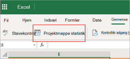 Viser menuindstillingen Statistik for projektmappe