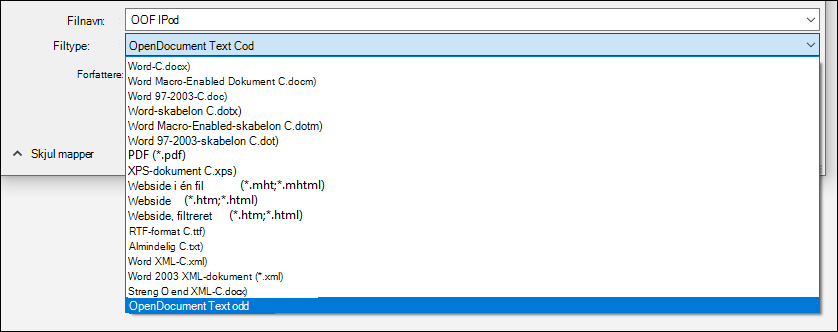 Liste over filformater fra Word med ODT-filformat fremhævet