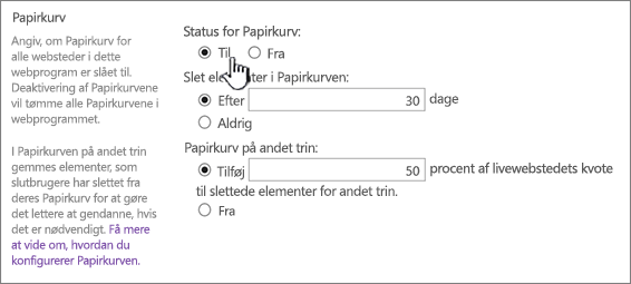 sektionen med genbrugsindstillinger på siden generelle indstillinger for webprogrammet