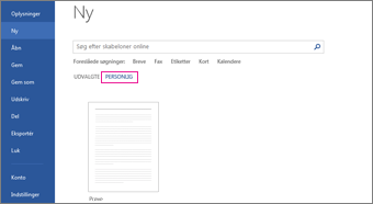 Fanen Personlig, der viser din brugerdefinerede skabelon, når du har klikket på Filer > Ny