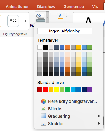 Skærmbilledet viser indstillingerne i menuen Figurfyld, herunder Ingen udfyldning, Temafarver, Standardfarver, Flere fyldfarver, Billede, Graduering og Struktur.