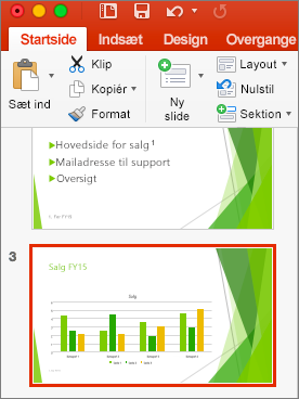 Viser en slide markeret i miniatureruden i PowerPoint 2016 til Mac