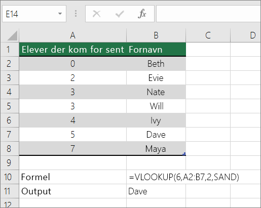 Et eksempel på LOPSLAG-formel, der leder efter et omtrentligt match