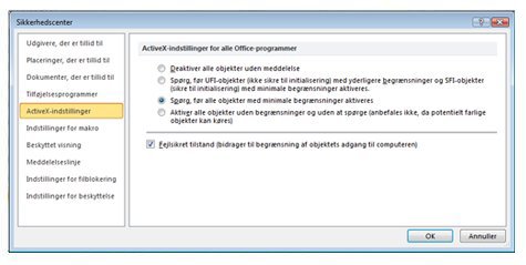 Området ActiveX-indstillinger i Sikkerhedscenter