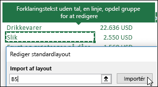 Importér eksisterende indstillinger for pivottabeller ved at markere en pivottabel og klikke på Importér