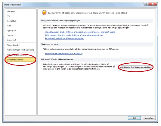 Word-indstillinger viser indstillinger for Center for sikkerhed og rettighedsadministration