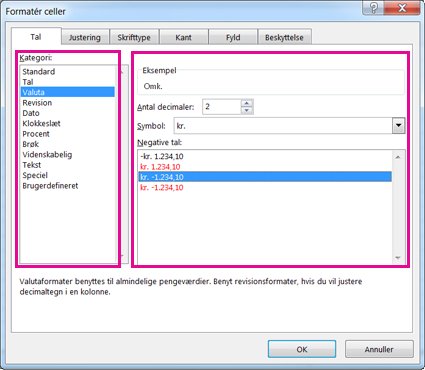 Dialogboksen Formatér celler