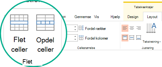 Flet eller opdel tabelceller