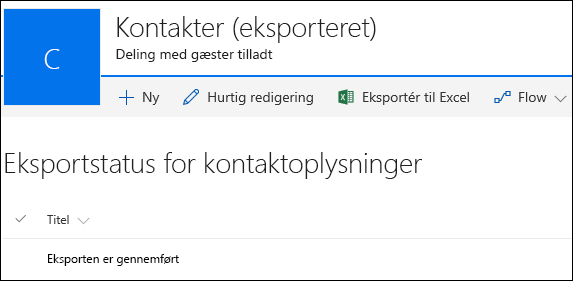 SharePoint-liste med posten Eksport fuldført