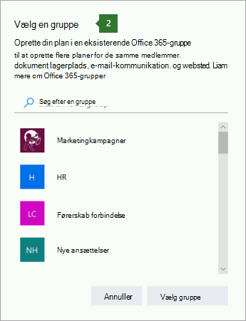 Skærmbillede af dialogboksen Vælg en gruppe