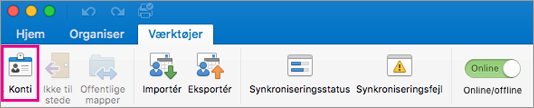 Knappen Konti under fanen Værktøjer