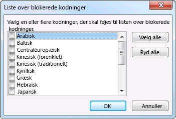 Dialogboksen Liste over blokerede kodninger