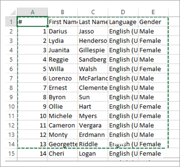 Skærmbillede af et Excel-regneark med et område fremhævet for at importere.