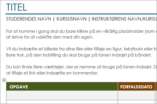 Ny udgave af skabelonen Liste med projektopgaver med en minimumsskrifttype på 11 punkter.