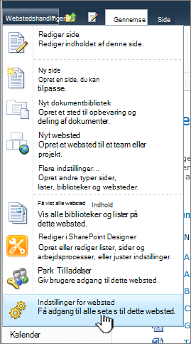 Indstillinger for websted i menuen Webstedshandlinger