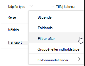 SharePoint Indstillingen Kolonneoverskriftsfilter efter menu