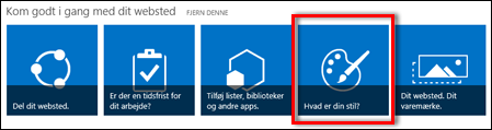 Det nye websted i SharePoint Online, der viser klikbare fliser til at tilpasse webstedet yderligere