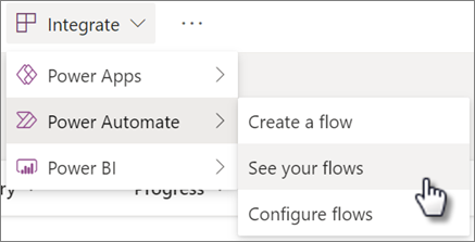 Kommandoen Se dine flows i menuen Integrer Power Automate for en liste