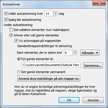 Dialogboksen med indstillinger for Autoarkivér
