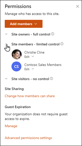 Liste over SharePoint-webstedstilladelser med webstedsmedlemmer udvidet.
