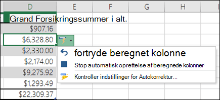 Mulighed for at fortryde en beregnet kolonne, når en formel er blevet indtastet