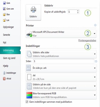 Udskriftsindstillinger i Publisher 2010
