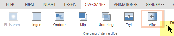 Klik på den nedadgående pil til højre for at åbne det komplette galleri af valgmuligheder til overgange.