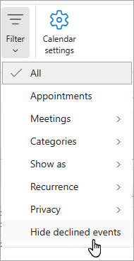 Skærmbillede af Filter i kalender, der viser Skjul afviste begivenheder fra rullelisten
