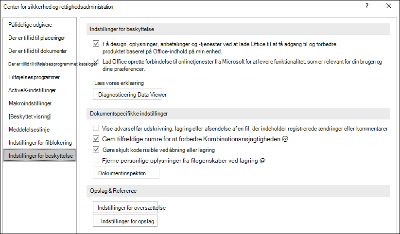 Indstillinger for beskyttelse af personlige oplysninger i Office Center for sikkerhed og rettighedsadministration