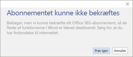 Skærmbillede af fejlmeddelelsen "Abonnementet kunne ikke bekræftes"