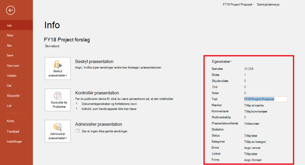 Dokumentegenskaber til Office – Filer > Infovindue