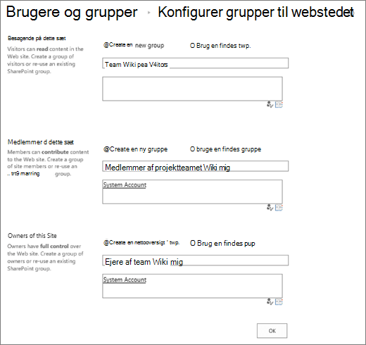 Dialogboksen Konfigurer grupper for websted