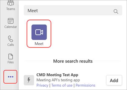 Skærmbillede af, hvordan du tilføjer appen Møde i Teams.