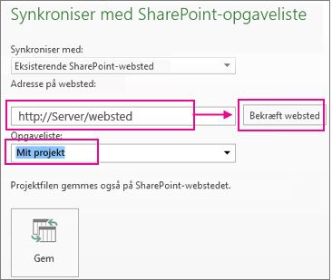 Gemme projekt i SharePoint