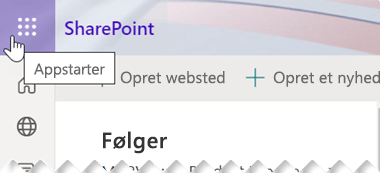 Appstartersymbolet består af ni små firkantede prikker, der er placeret i nærheden af øverste højre hjørne af SharePoint-appvinduet.