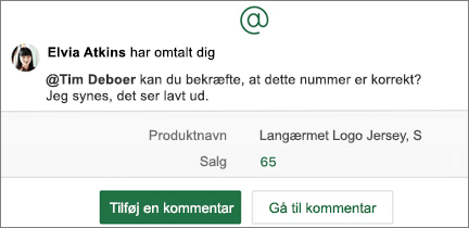 Regneark med @omtale og knapperne Tilføj en kommentar og Gå til kommentar