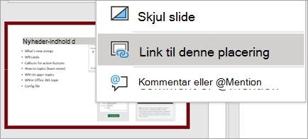 Viser genvejsmenuen Link til denne slide